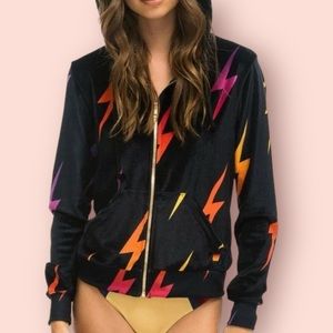 Aviator Nation Velvet Velour Lightning Bolt Repeat Hoodie Full Zip Black XS